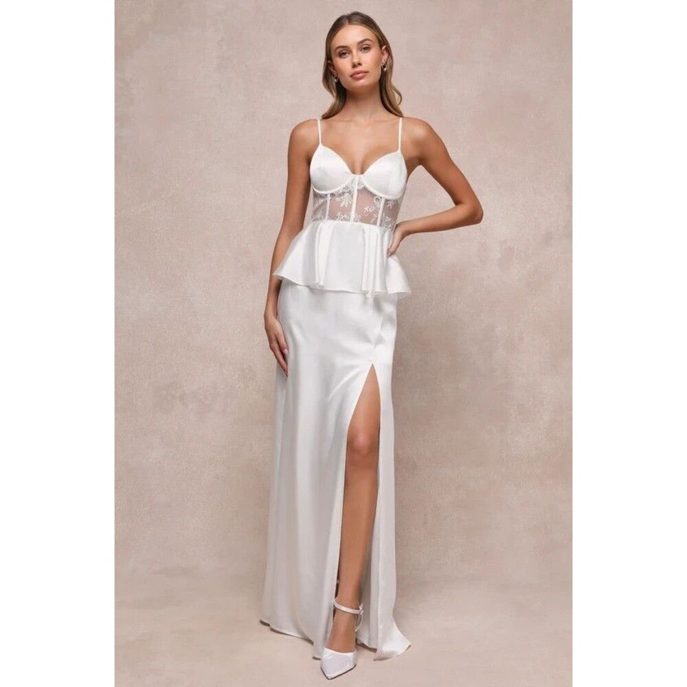 New Lulus Medium Iconic Peplum Sheer Bustier Corset Slit Wedding Maxi Dress
